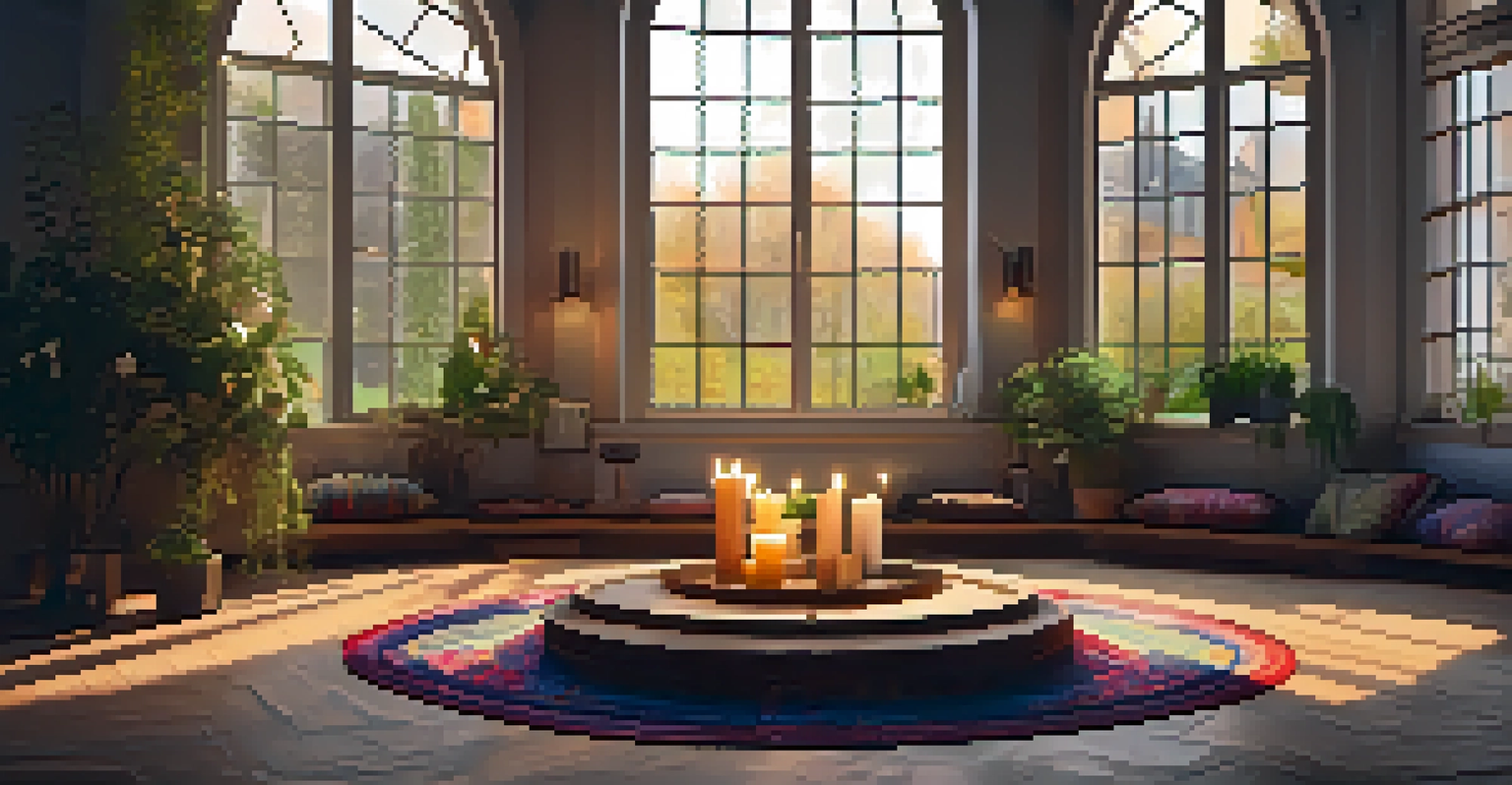 A cozy retreat room in the Netherlands set for a spiritual ceremony, featuring cushions, an altar with candles, and natural light.