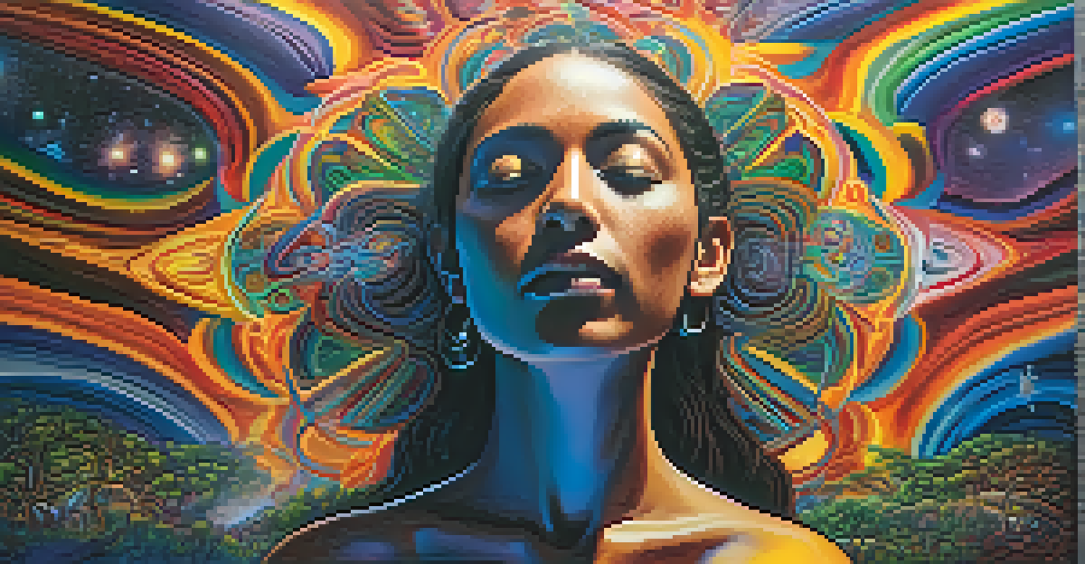 A person experiencing a spiritual awakening during an ayahuasca ceremony, with colorful, swirling patterns around them.