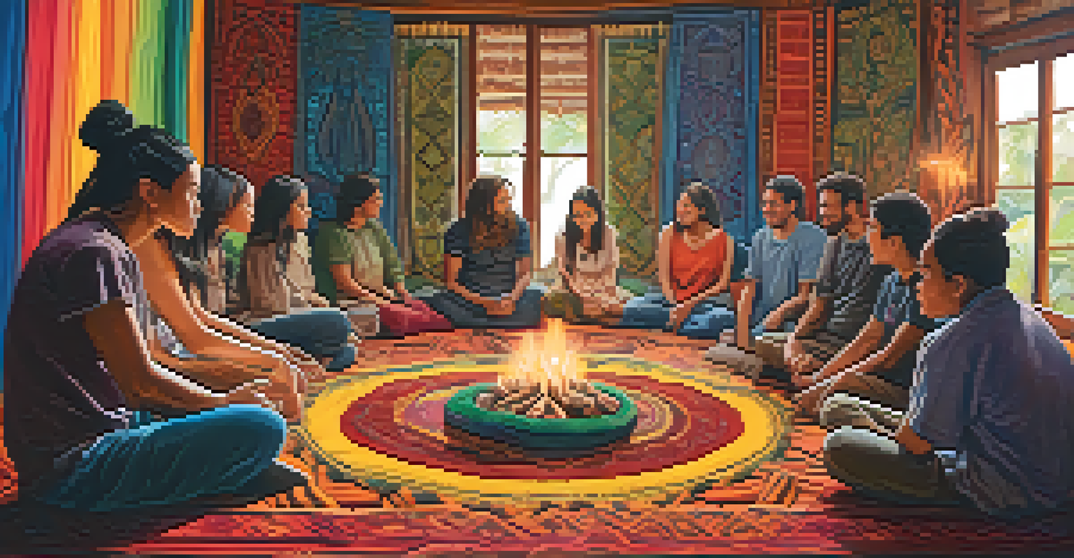 An intimate integration circle with participants sharing insights from an Ayahuasca ceremony in a cozy, warmly lit room decorated with colorful tapestries.