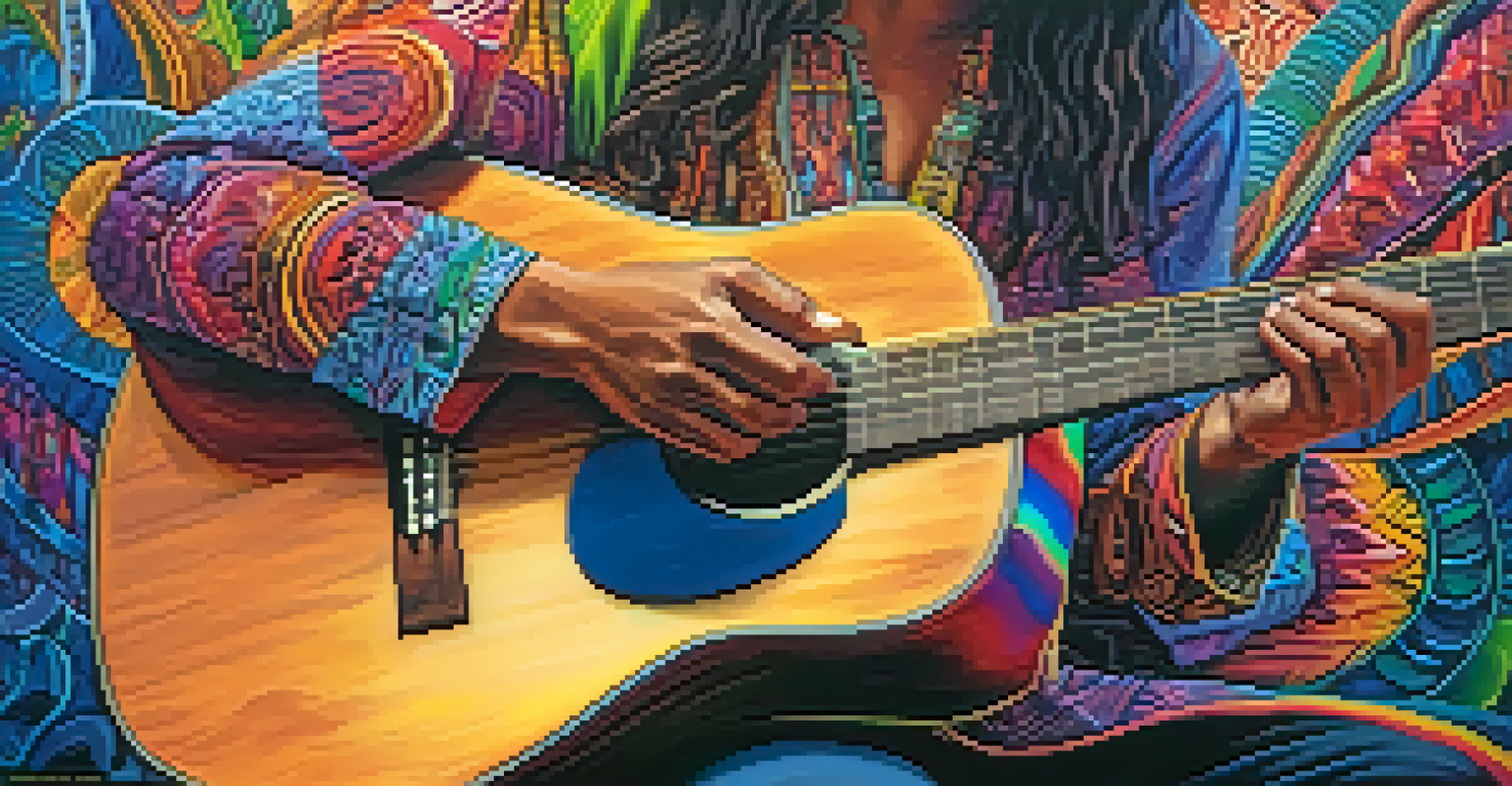 A close-up of a musician's hands on an acoustic guitar, set against colorful visuals inspired by Ayahuasca, conveying emotion and connection.