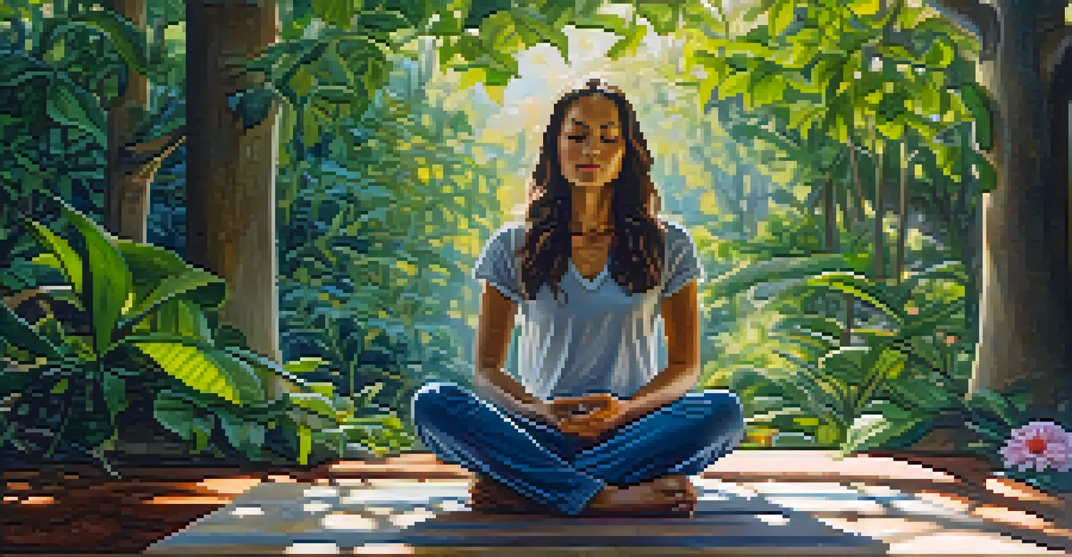 A young woman in meditation surrounded by nature, with a serene expression and dappled sunlight on her face.
