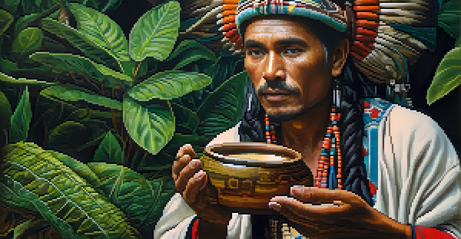 A shaman in traditional attire holding a bowl of Ayahuasca brew, surrounded by Amazonian plants and herbs.