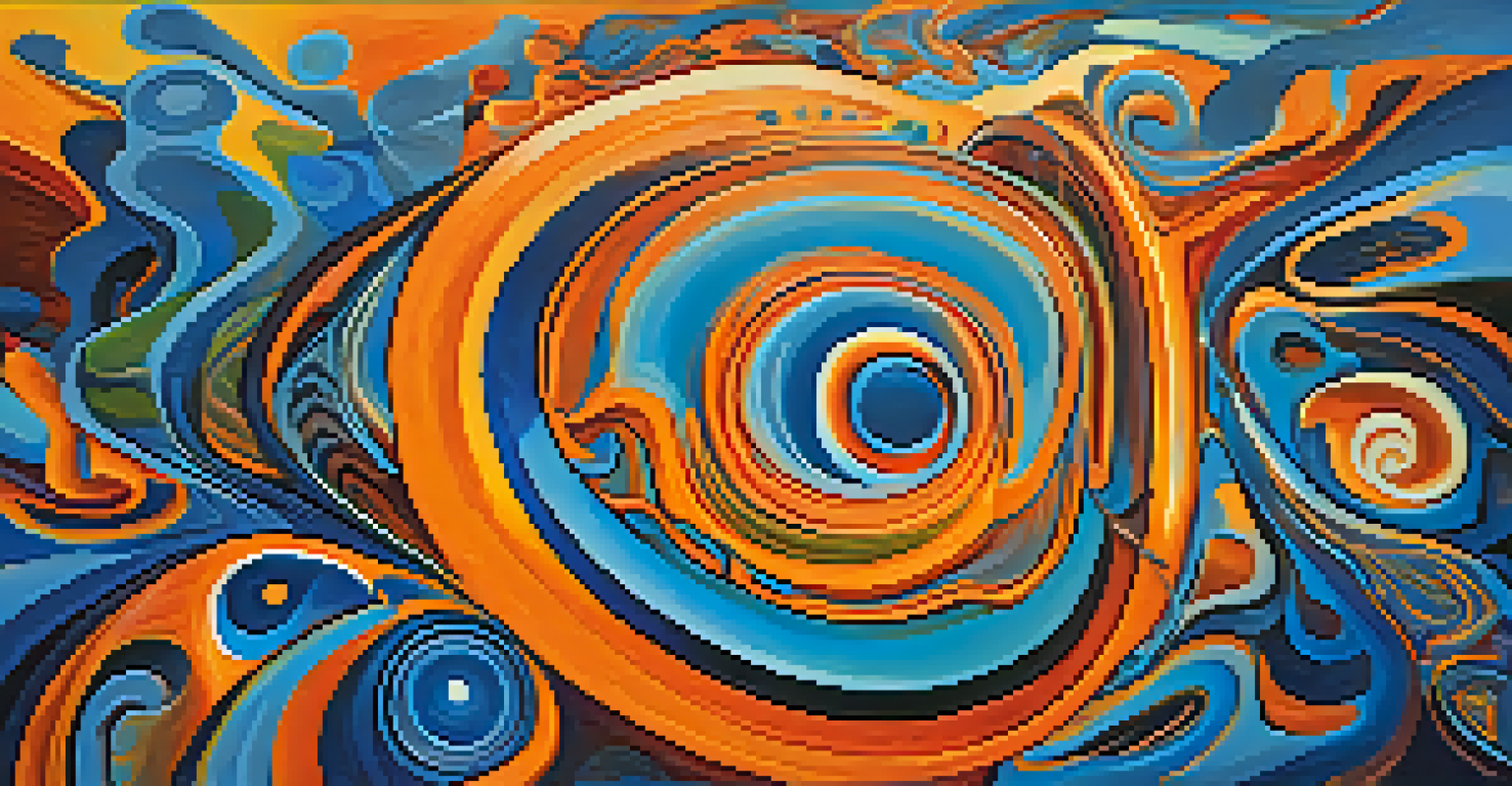 An abstract representation of the emotional journey during an ayahuasca ceremony with swirling colors and shapes.