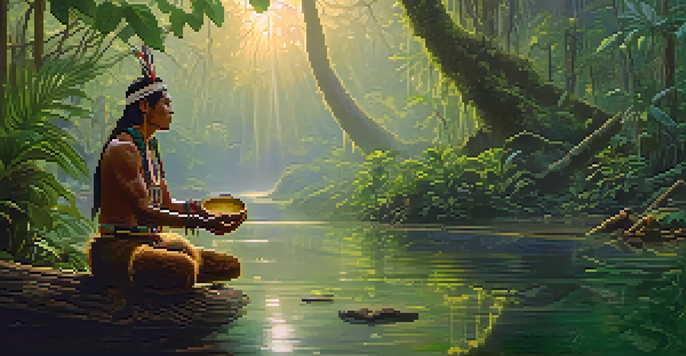 A peaceful Amazon rainforest at dawn with a shaman preparing Ayahuasca in a ceremonial setting.
