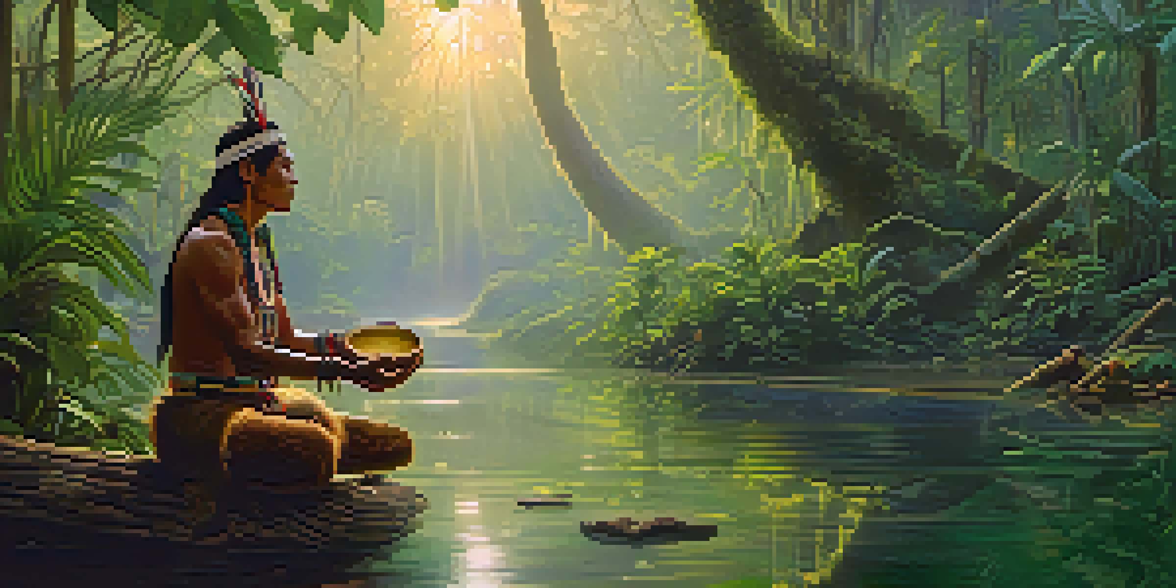 A peaceful Amazon rainforest at dawn with a shaman preparing Ayahuasca in a ceremonial setting.