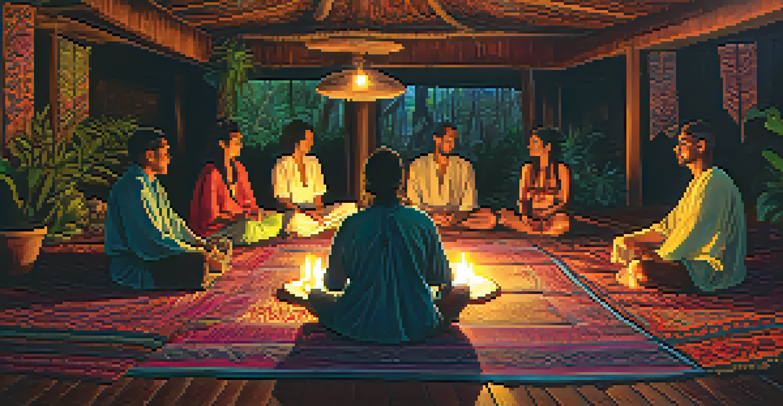 A cozy room with participants in an Ayahuasca ceremony, surrounded by candlelight and colorful decorations.
