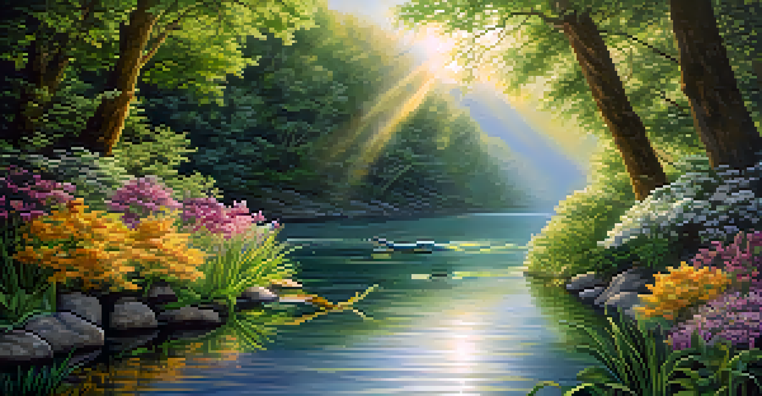 A snake gliding through a tranquil river surrounded by greenery and colorful flowers, symbolizing transformation.
