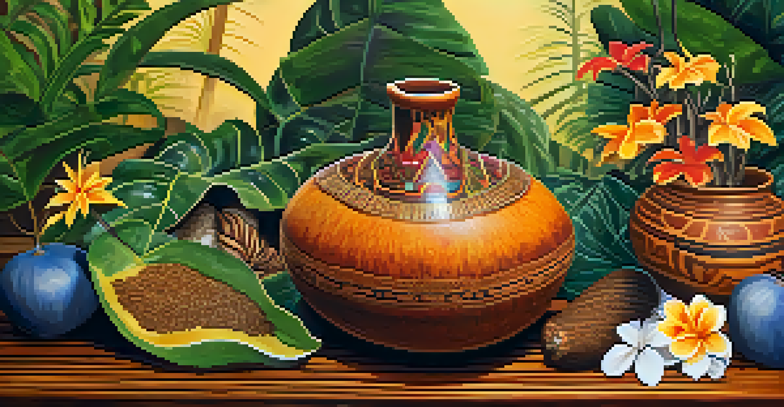 A close-up of Ayahuasca brew in a traditional gourd with vibrant tropical leaves, showcasing the rich color and textures of the scene.