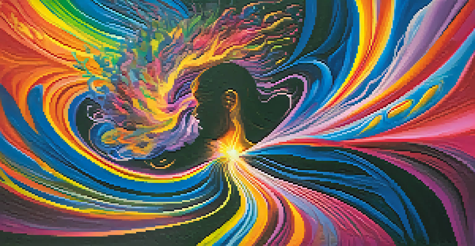 An abstract image representing emotional release during an Ayahuasca journey, with a silhouette surrounded by vibrant swirling colors symbolizing transformation.
