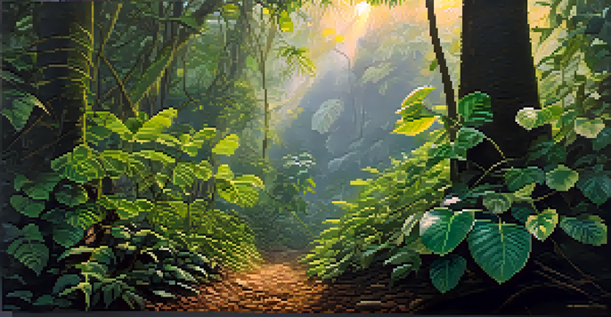 A tranquil Amazon rainforest at dawn with lush green vines and leaves, soft sunlight filtering through the trees, and a mystical mist in the air.