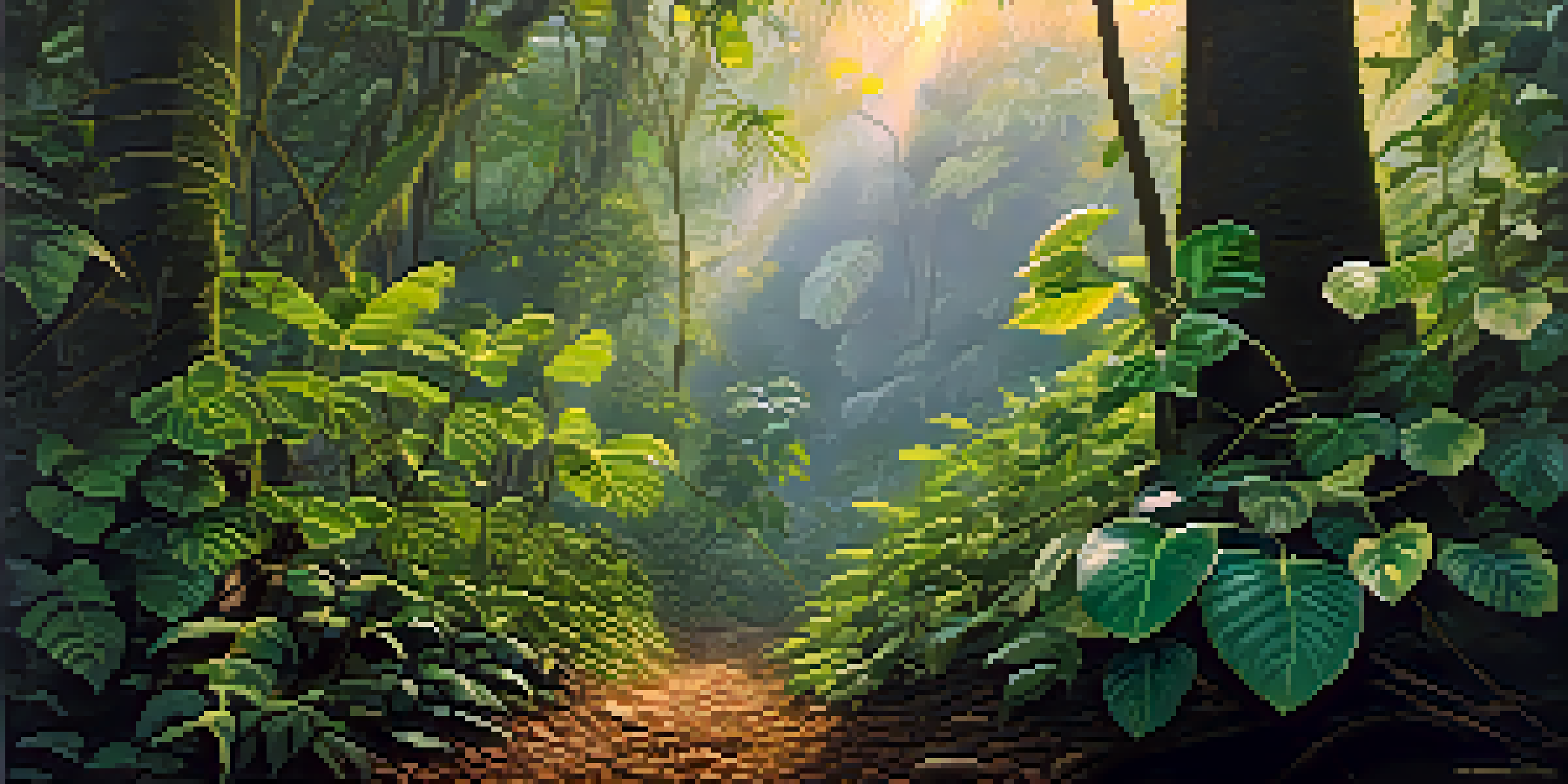 A tranquil Amazon rainforest at dawn with lush green vines and leaves, soft sunlight filtering through the trees, and a mystical mist in the air.