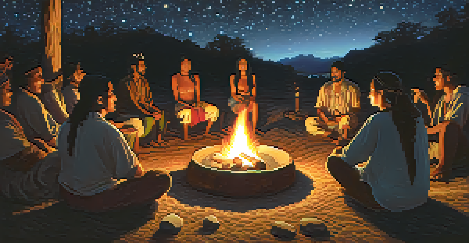 A group sitting in a circle around a campfire during an Ayahuasca ceremony, with a shaman leading the ritual under a starry sky.