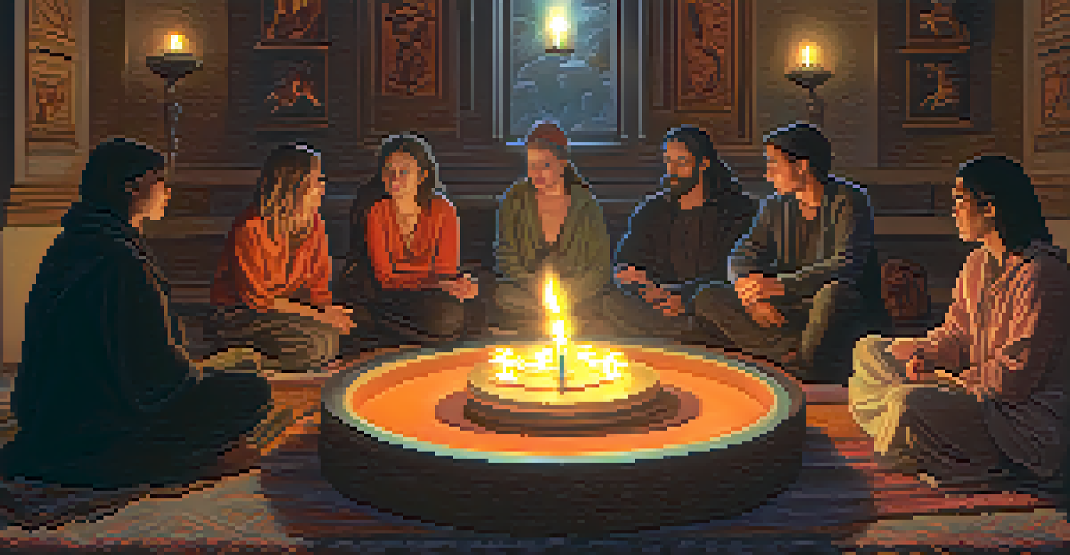 A cozy gathering of people sharing stories about animal totems in a candle-lit space.