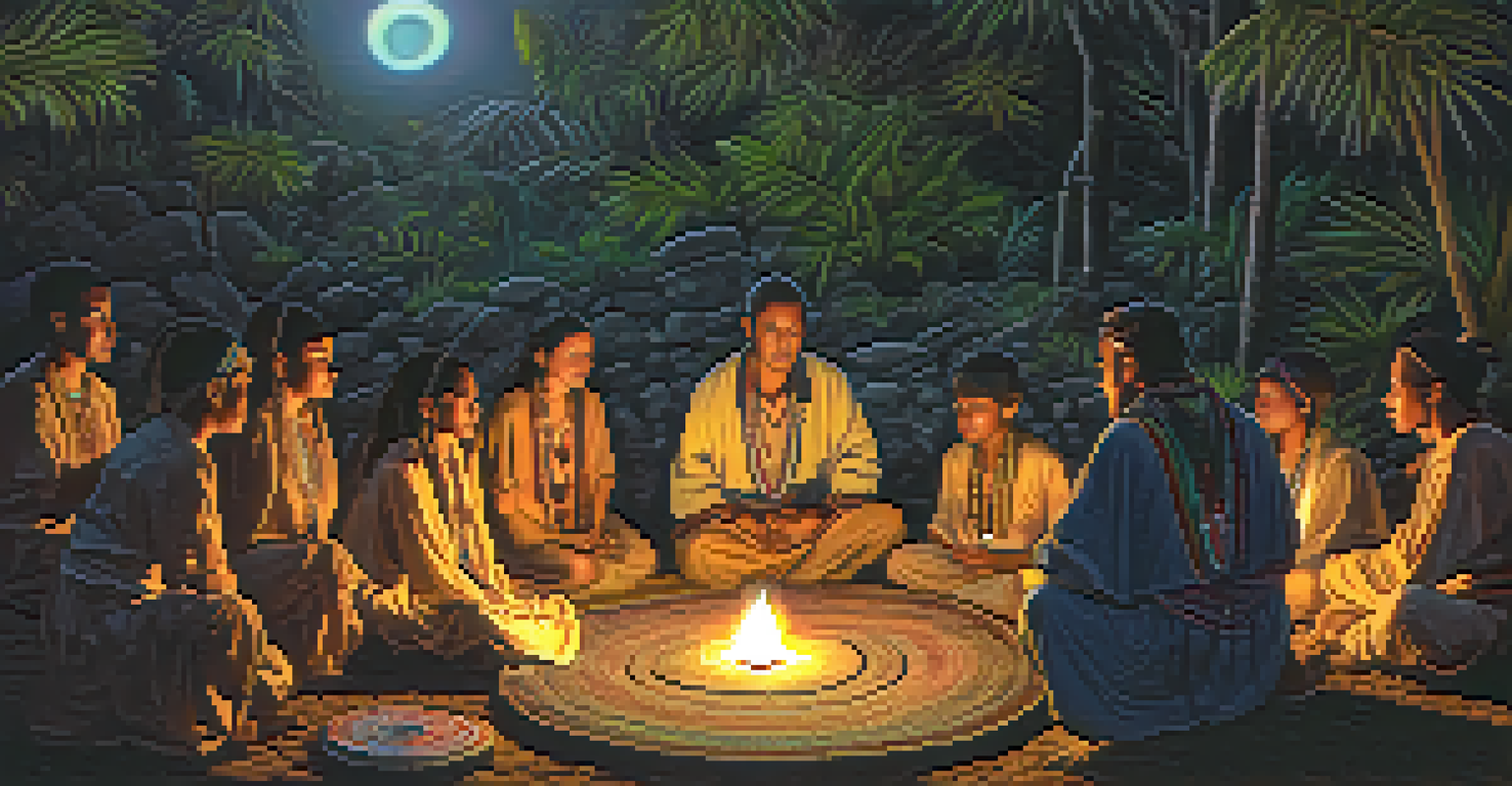 A shaman leading an Ayahuasca ceremony at night, surrounded by artists in a candlelit setting, highlighting cultural and spiritual themes.