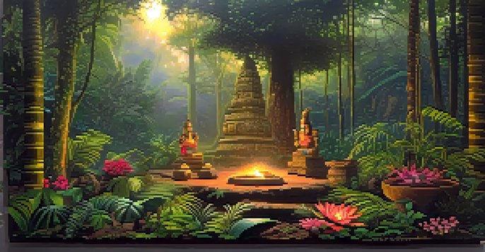 A tranquil Amazon rainforest at dawn with lush green trees and a misty atmosphere, featuring a shamanic altar with flowers.