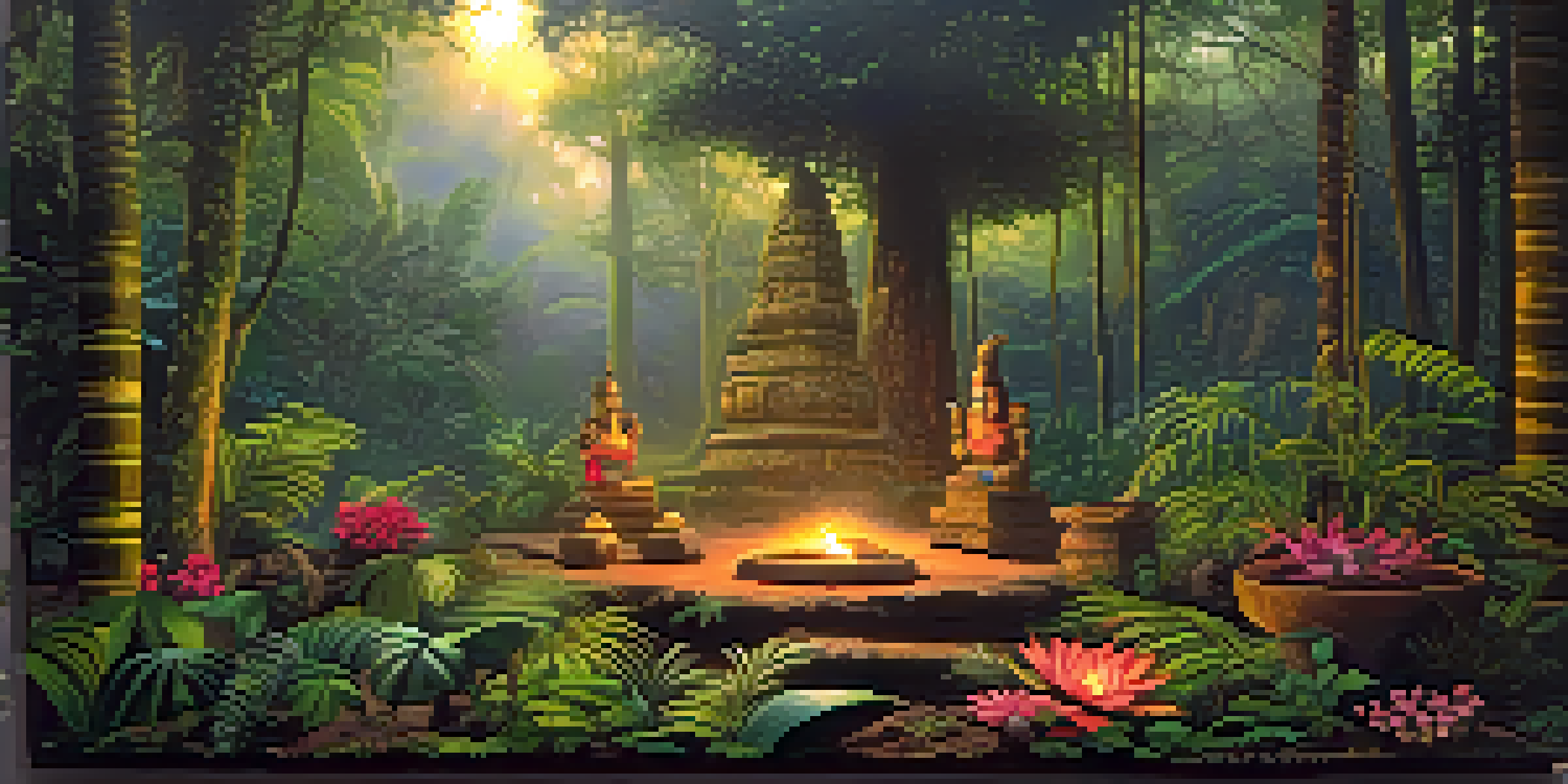 A tranquil Amazon rainforest at dawn with lush green trees and a misty atmosphere, featuring a shamanic altar with flowers.
