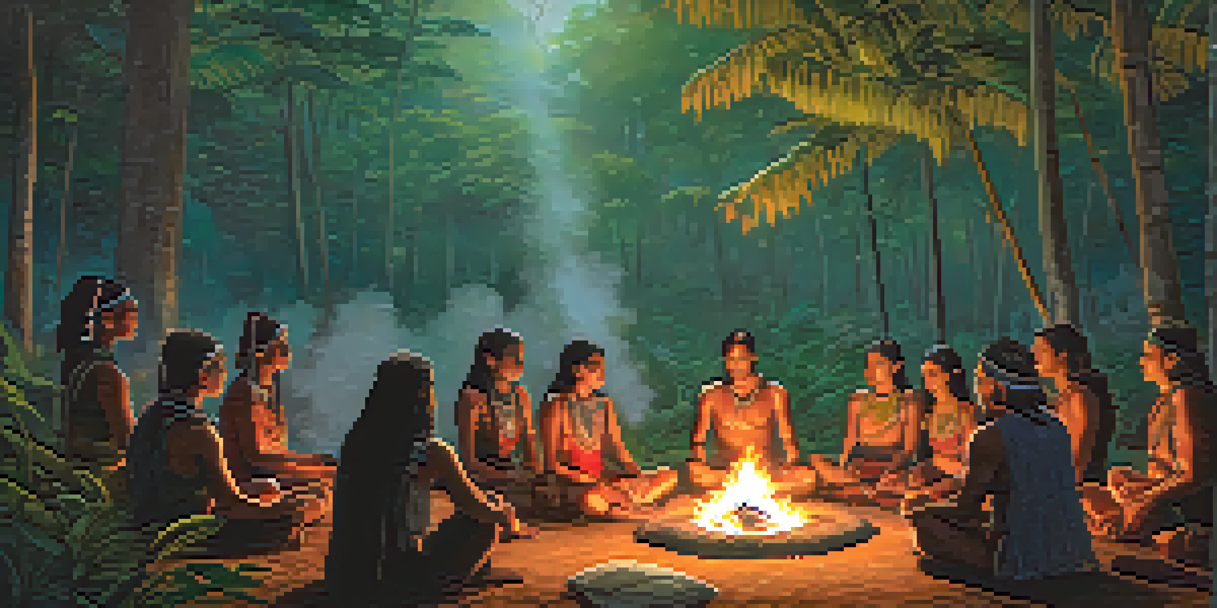 A group participating in an ayahuasca ceremony in the Amazon rainforest, illuminated by firelight and surrounded by lush trees.