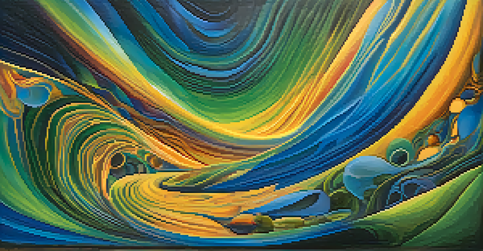 An abstract illustration depicting the relationship between intention and awareness in an ayahuasca experience, with flowing colors and shapes.