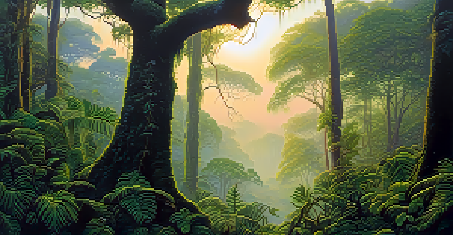 A serene Amazon rainforest at dawn with dense trees and mist, featuring the Banisteriopsis caapi vine.