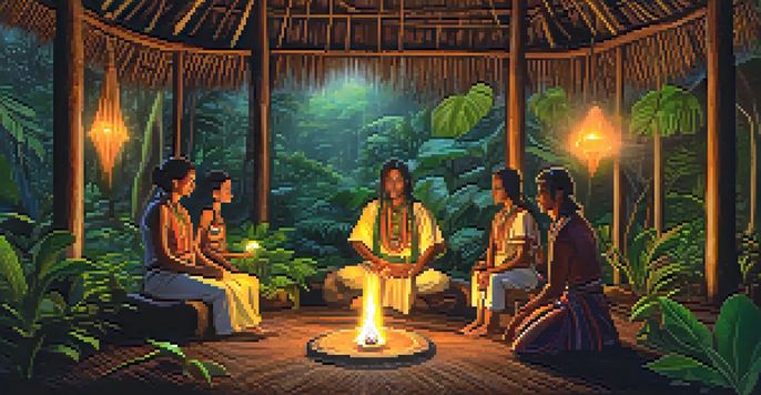 A shaman in traditional attire conducts an ayahuasca ceremony in a dimly lit hut surrounded by lush plants and crystals, with candlelight illuminating the setting.