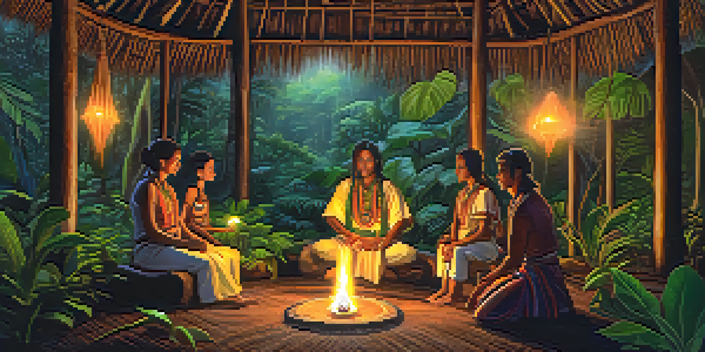 A shaman in traditional attire conducts an ayahuasca ceremony in a dimly lit hut surrounded by lush plants and crystals, with candlelight illuminating the setting.