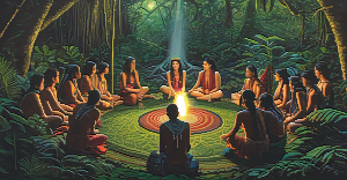 A peaceful Ayahuasca ceremony in the Amazon rainforest with participants and a shaman surrounded by lush greenery.