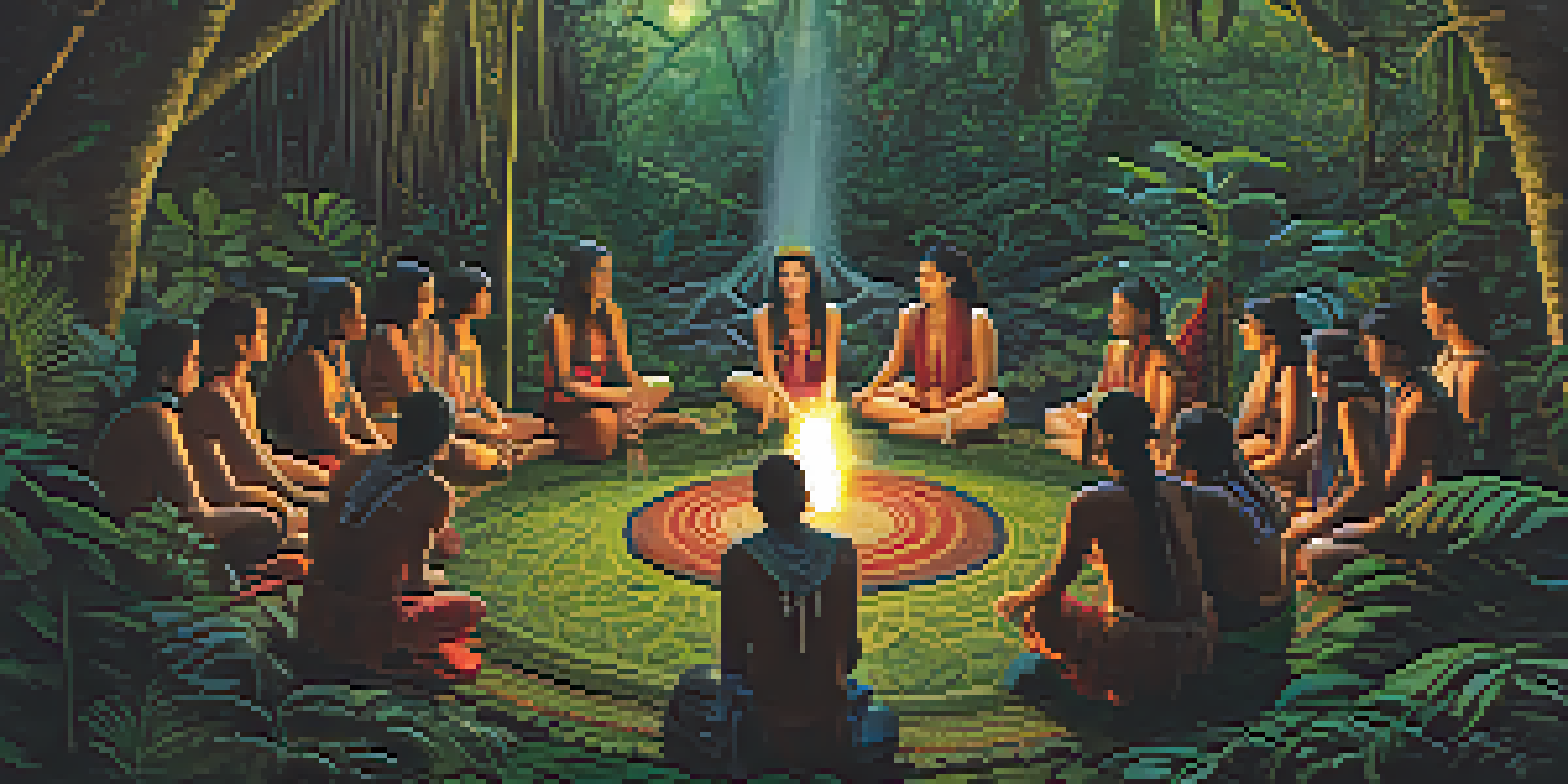 A peaceful Ayahuasca ceremony in the Amazon rainforest with participants and a shaman surrounded by lush greenery.