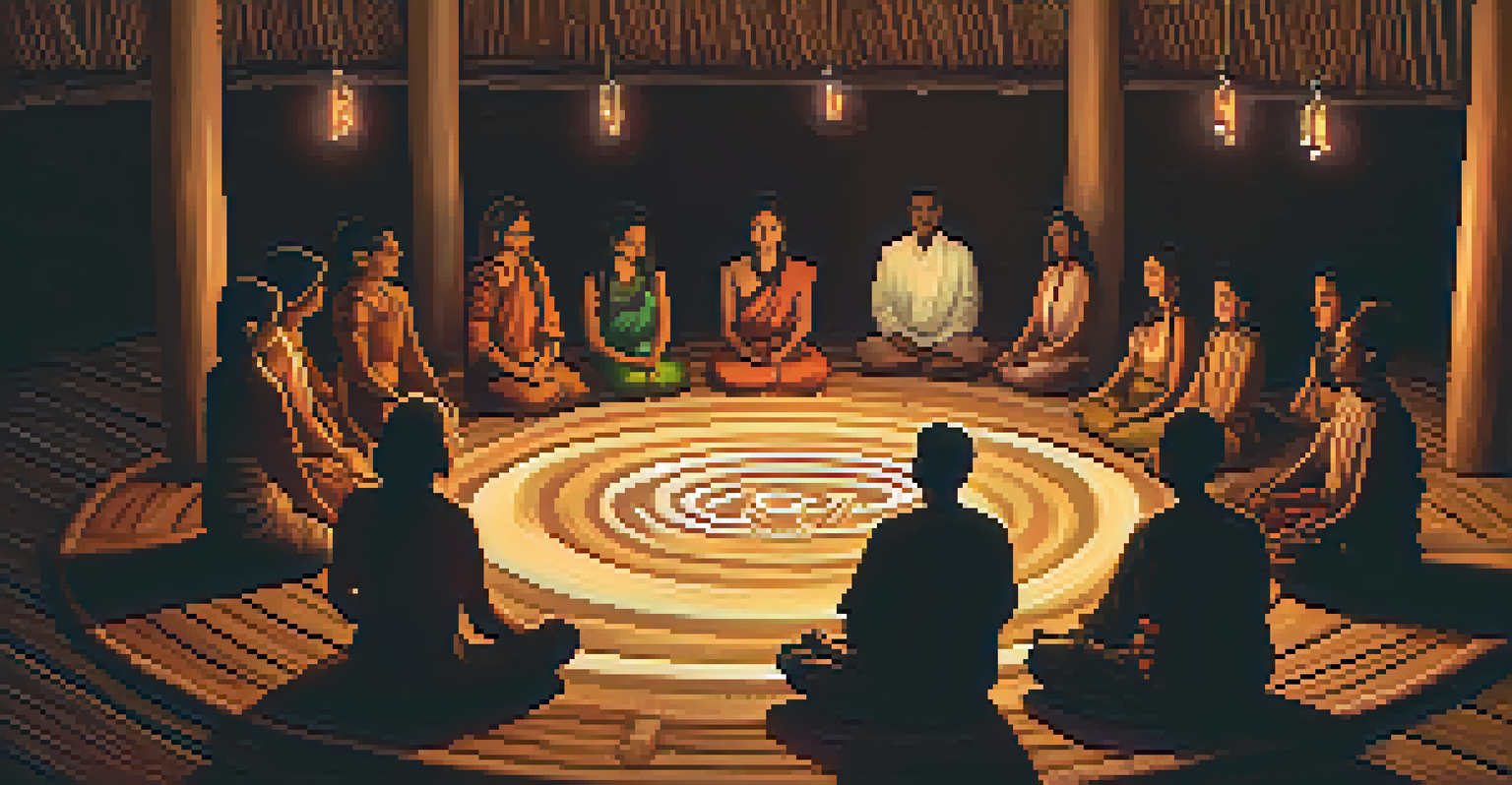 A circle of individuals in a candle-lit space participating in an Ayahuasca ceremony, guided by a shaman.