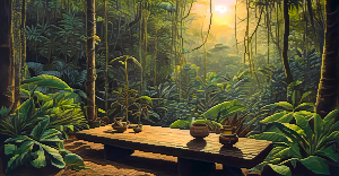 A tranquil scene in the Amazon rainforest featuring the Banisteriopsis caapi vine and a wooden altar with ceremonial items, illuminated by golden dusk light.
