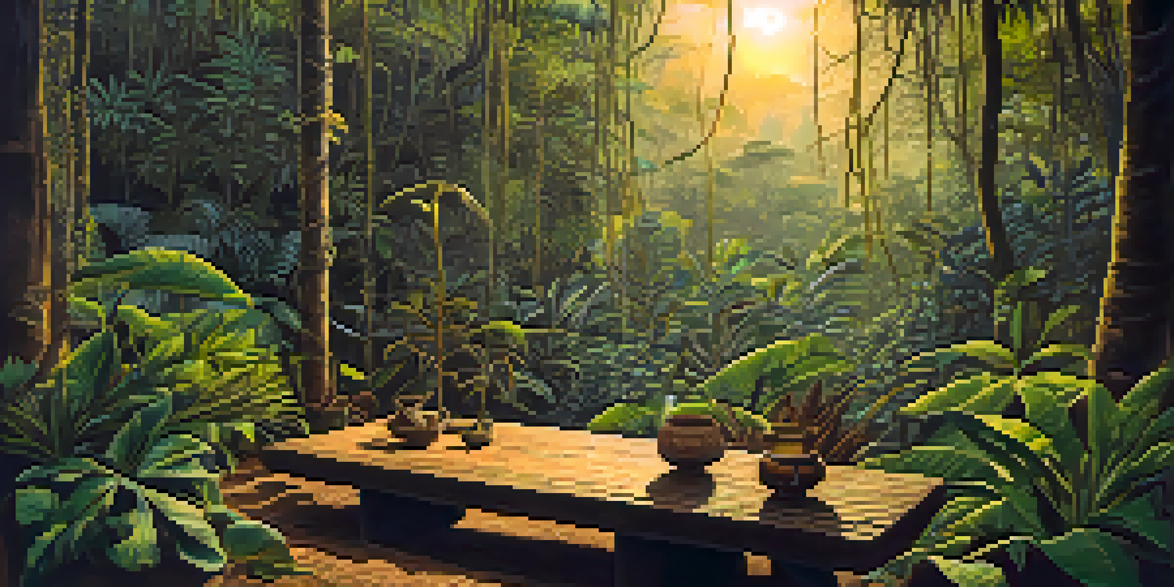 A tranquil scene in the Amazon rainforest featuring the Banisteriopsis caapi vine and a wooden altar with ceremonial items, illuminated by golden dusk light.