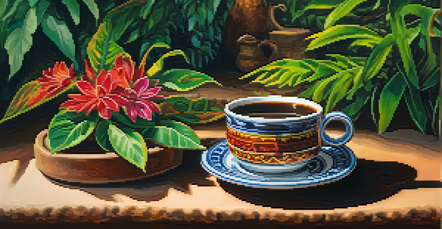 A blurred image of Ayahuasca brew in a ceramic cup surrounded by green leaves and flowers, showcasing deep browns and glowing reds.