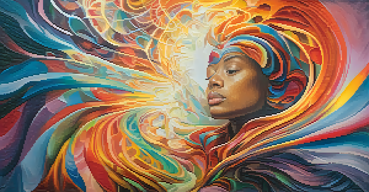 A human figure surrounded by swirling colors and shapes, symbolizing personal transformation and overcoming fears.