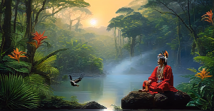 A shaman in traditional attire sitting in a misty Amazon rainforest at dawn, surrounded by vibrant plants and glowing outlines of animal spirits.