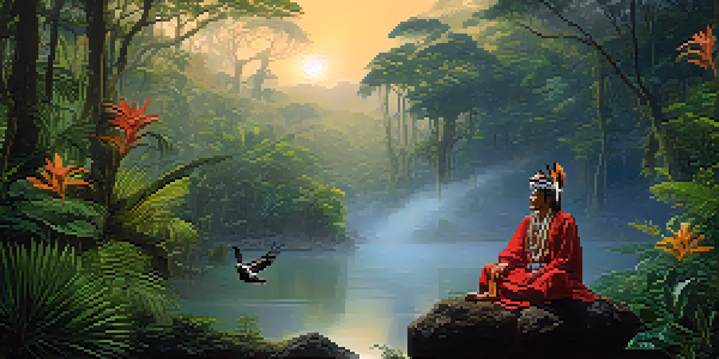 A shaman in traditional attire sitting in a misty Amazon rainforest at dawn, surrounded by vibrant plants and glowing outlines of animal spirits.