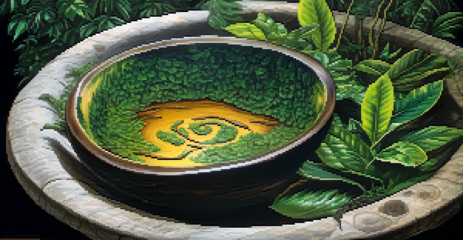 A close-up of ayahuasca brew in a rustic ceramic bowl, highlighting the rich dark liquid and surrounding foliage in a blurry Amazon rainforest background.