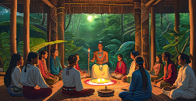 An Ayahuasca ceremony inside a traditional hut, with participants seated in a circle and a shaman preparing the brew.