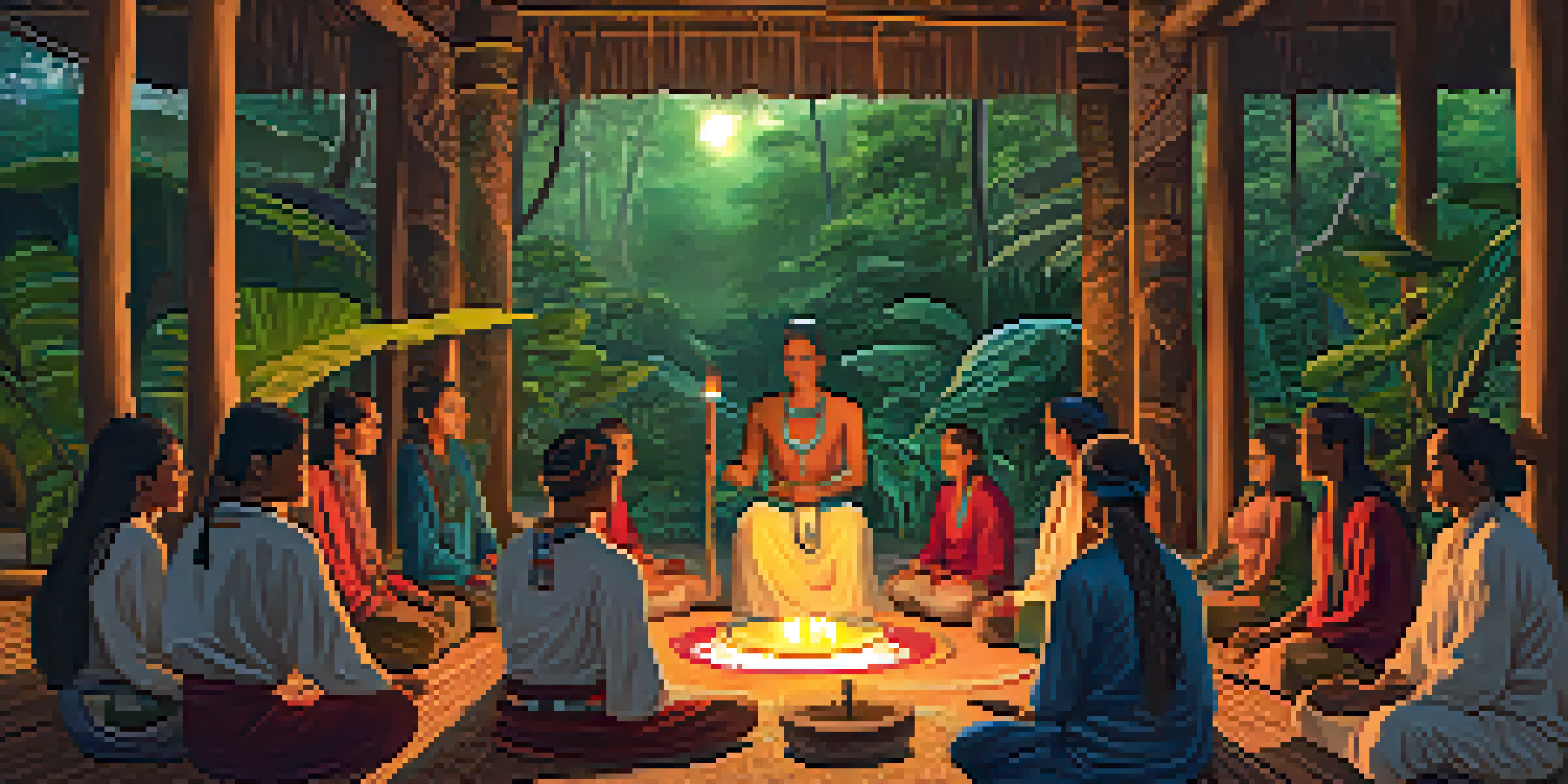 An Ayahuasca ceremony inside a traditional hut, with participants seated in a circle and a shaman preparing the brew.