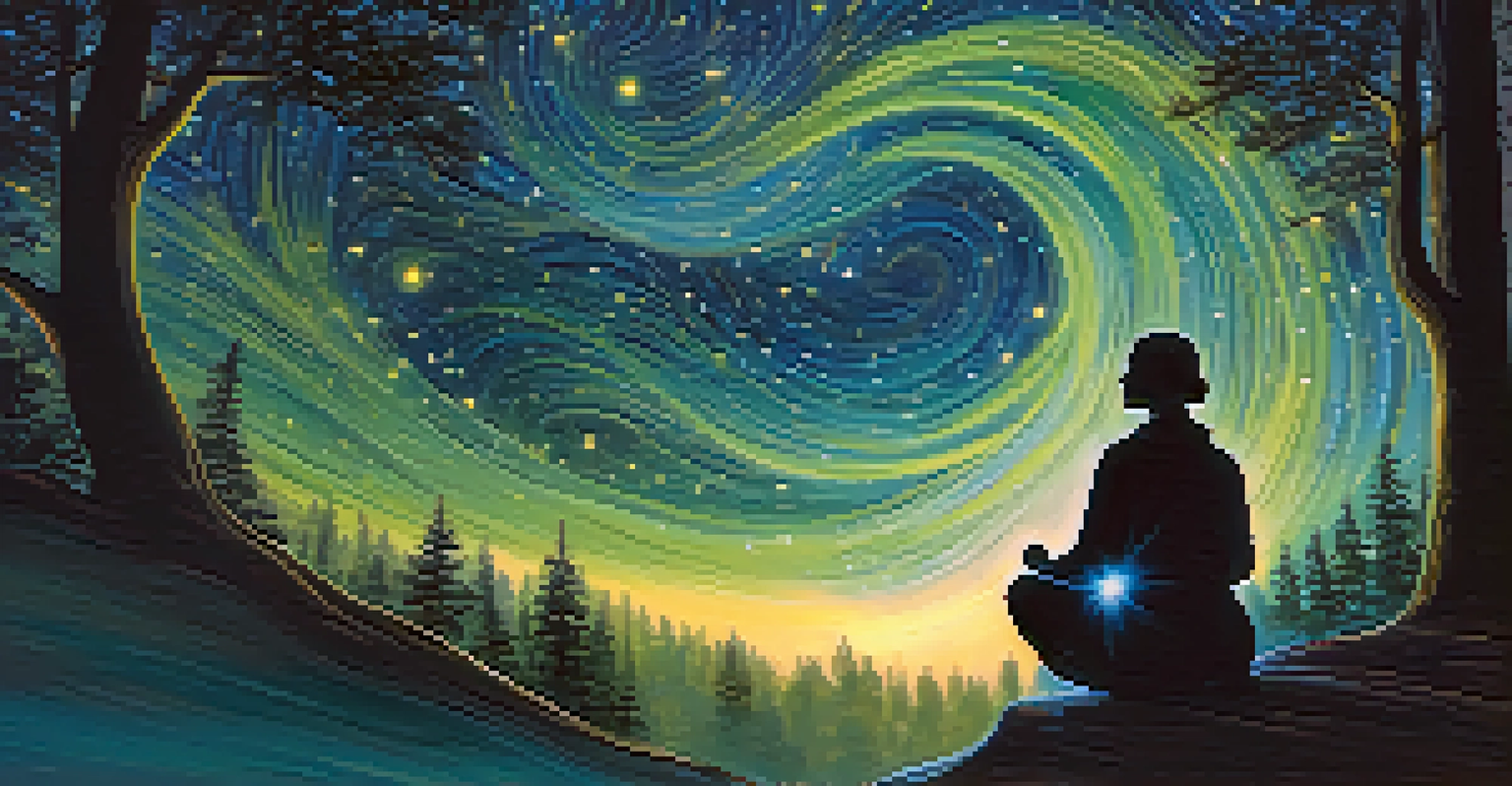 A figure meditating under a starry sky in a forest, surrounded by swirling colors representing a spiritual journey.