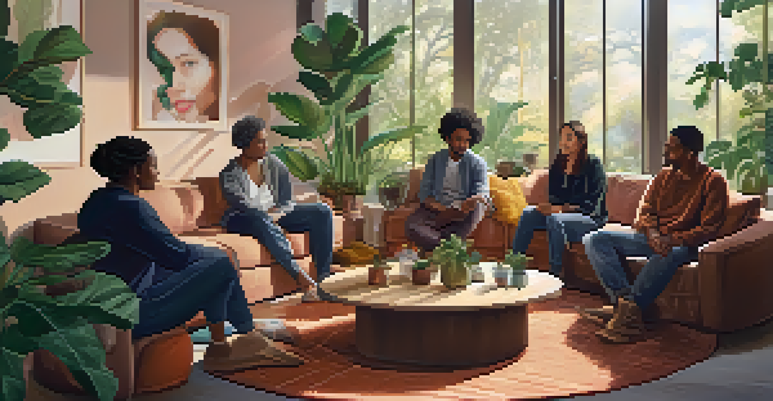 A warm and inviting room where diverse individuals discuss their experiences in an integration circle, surrounded by plants.