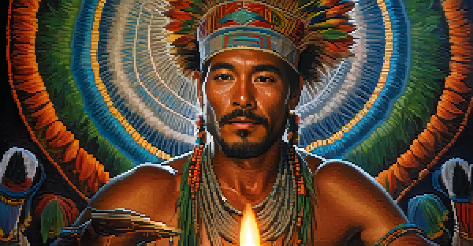 A shaman in traditional clothing conducting an Ayahuasca ceremony, holding a ceremonial cup with candlelight in the background.