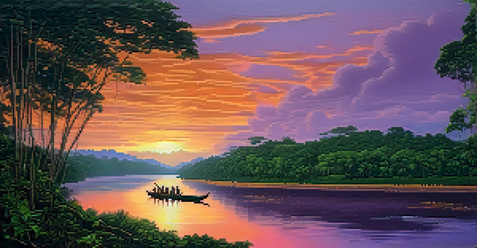 A river in the Amazon with a boat carrying people, under a colorful sunset sky.