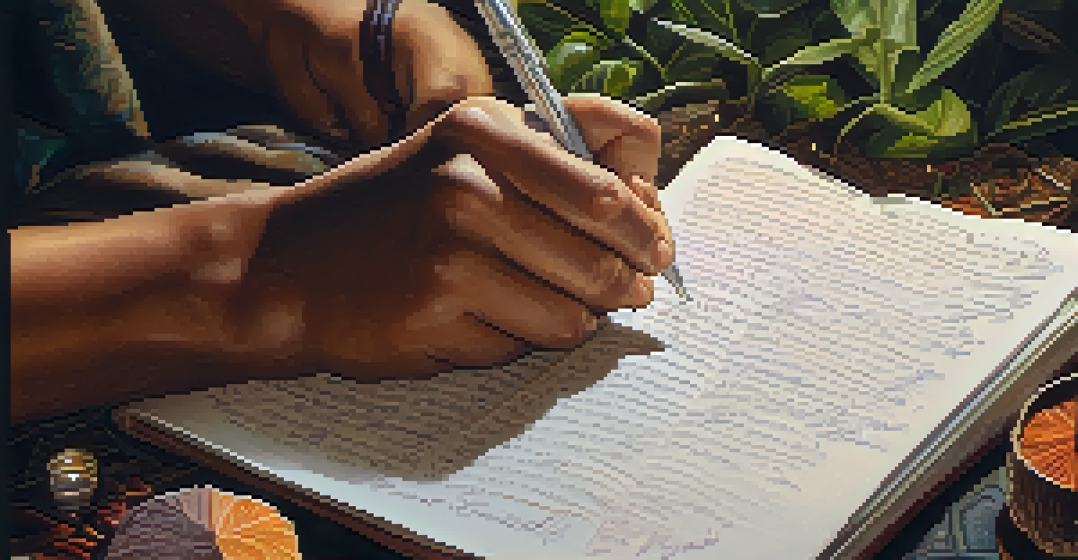 A close-up view of a person journaling in a serene environment after an Ayahuasca ceremony, surrounded by plants and crystals.