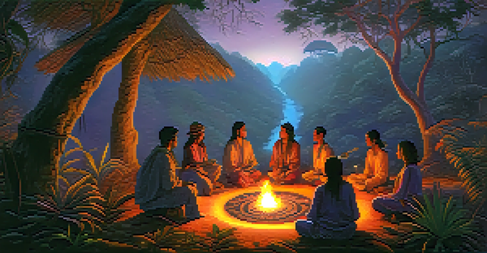 A peaceful jungle setting with a group of people gathered around a fire for an Ayahuasca ceremony, surrounded by lush greenery and a colorful sky.