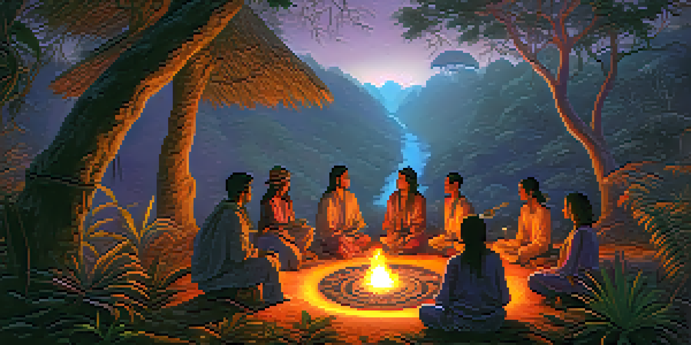 A peaceful jungle setting with a group of people gathered around a fire for an Ayahuasca ceremony, surrounded by lush greenery and a colorful sky.