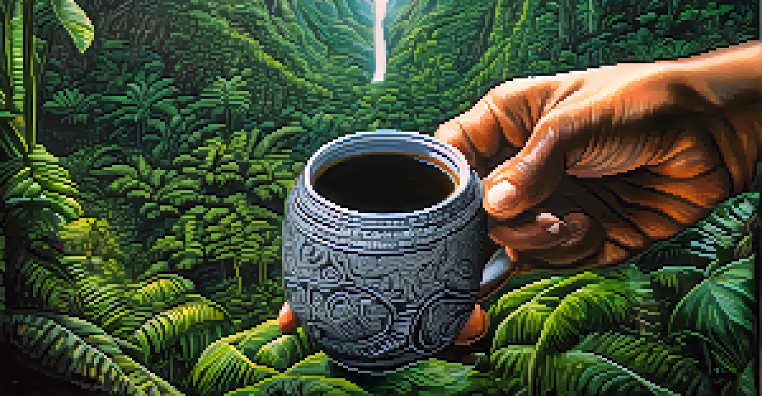 A close-up of a hand holding a ceramic cup of Ayahuasca brew, with blurred jungle plants in the background, conveying a sense of anticipation.