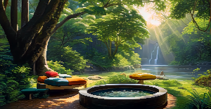 A peaceful outdoor Ayahuasca retreat with green plants, a river, and a gathering circle with cushions under soft sunlight.