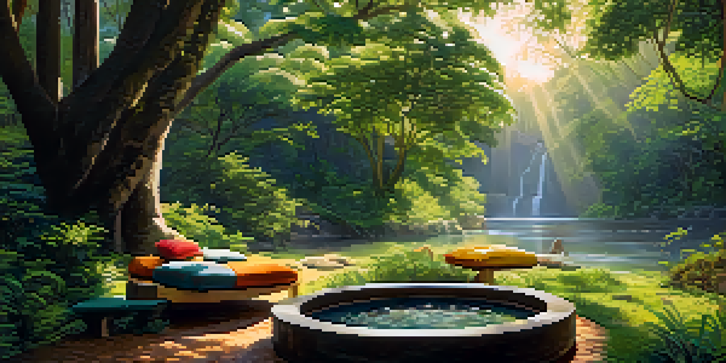 A peaceful outdoor Ayahuasca retreat with green plants, a river, and a gathering circle with cushions under soft sunlight.