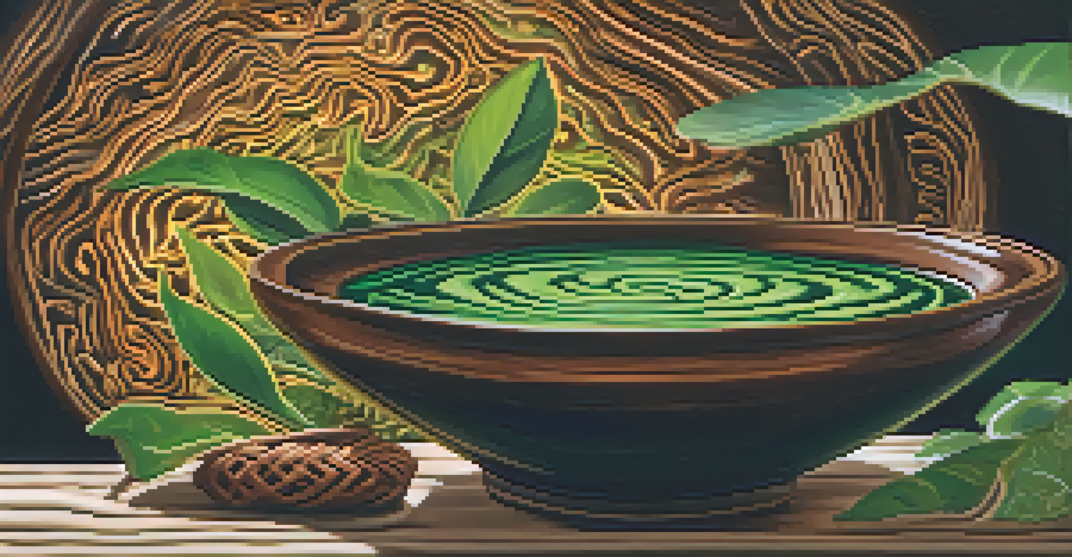 A close-up of a bowl containing Ayahuasca brew, showcasing its rich colors and textures against a natural backdrop.