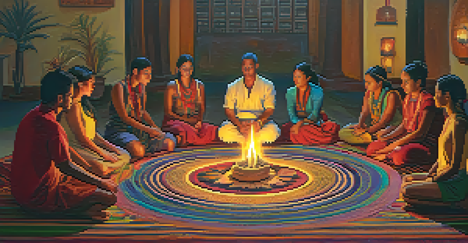 An ayahuasca ceremony with participants in a circle, warm candlelight, and ceremonial items in the center.
