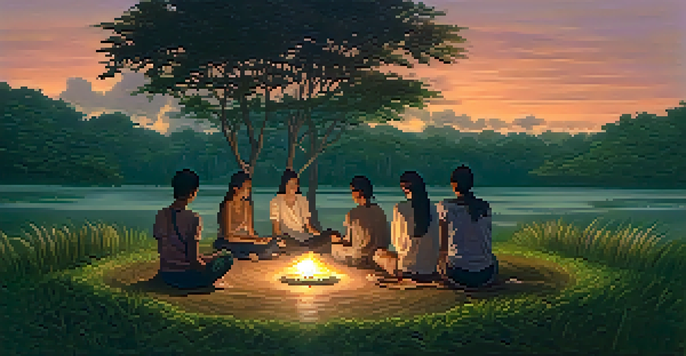 A group of participants sitting in a circle in a lush Amazonian landscape during dusk, illuminated by candlelight, reflecting a sense of community and connection.